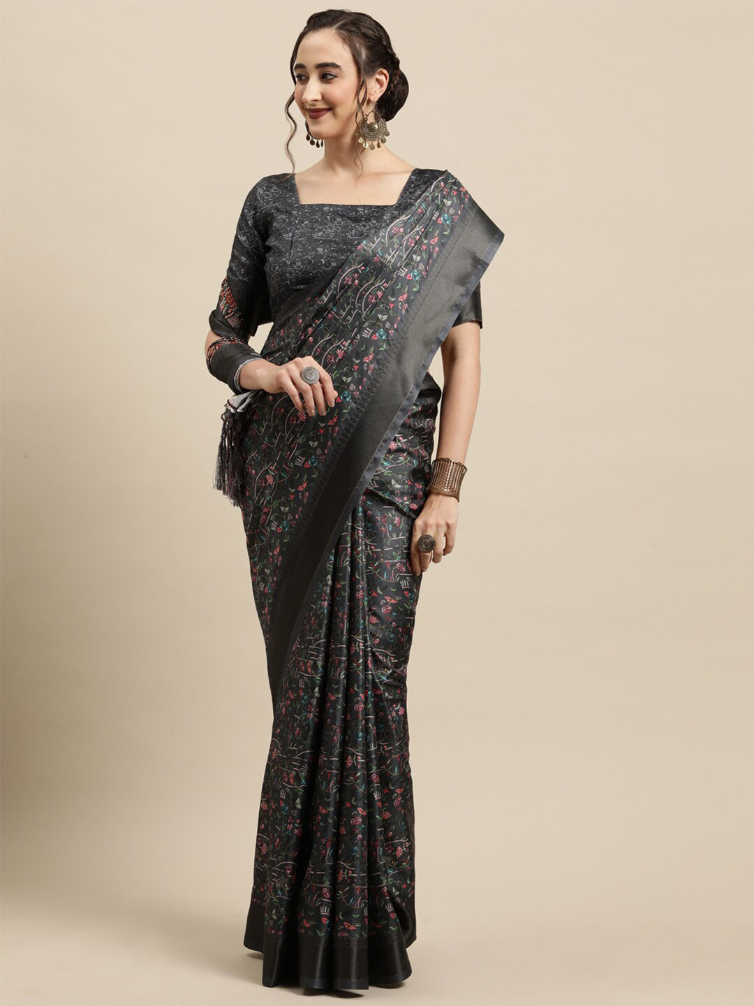 

Saree mall Grey Floral Printed Silk Blend Saree