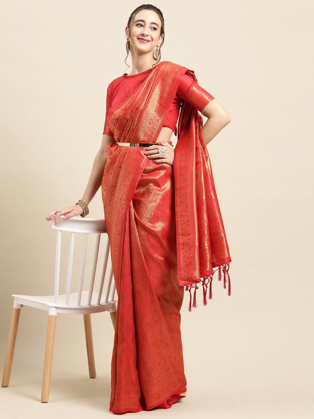 

Saree mall Red & Gold-Toned Woven Design Banarasi Saree