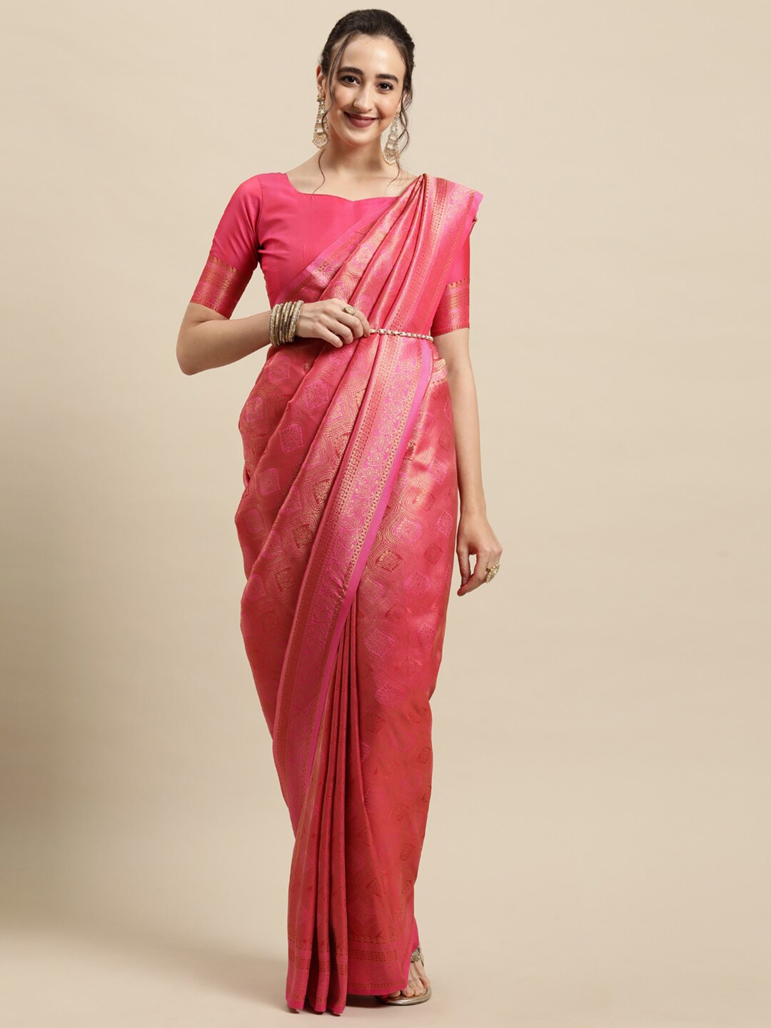 

Saree mall Magenta & Gold Ethnic Motifs Zari Silk Blend Banarasi Sarees