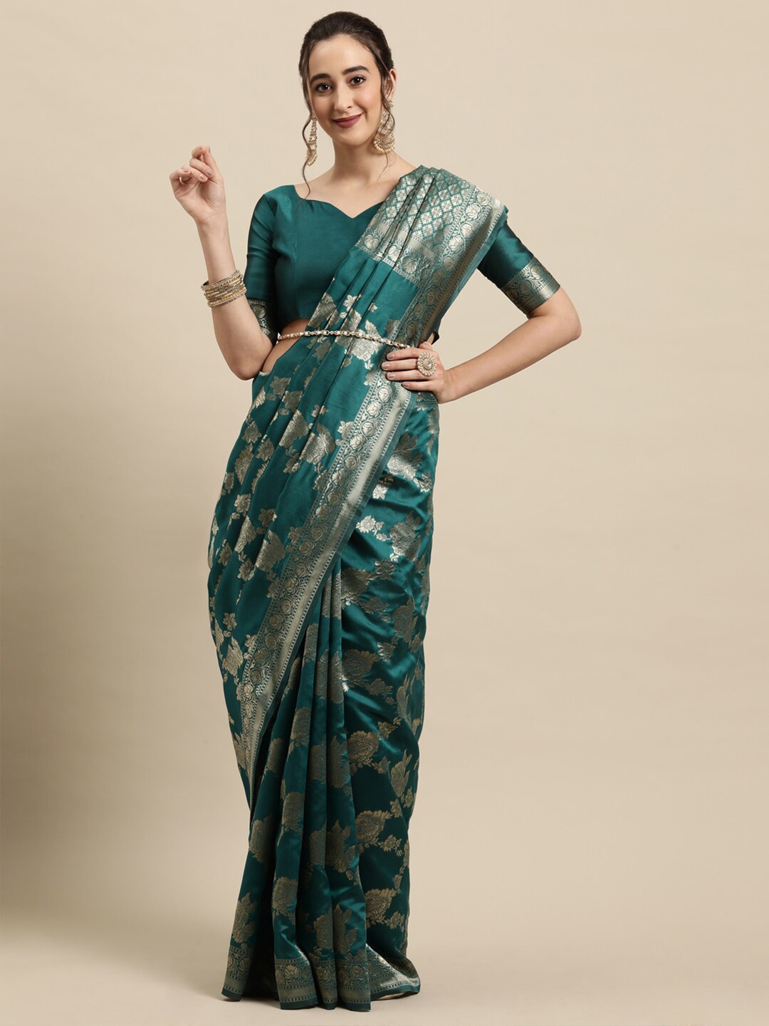 

Saree mall Teal & Gold Ethnic Motifs Zari Silk Blend Banarasi Sarees