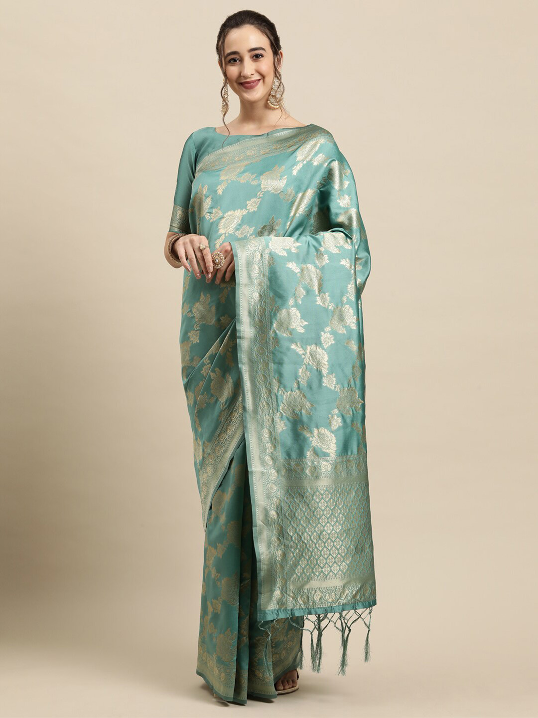 

Saree mall Sea Green & Gold-Toned Floral Silk Blend Banarasi Sarees