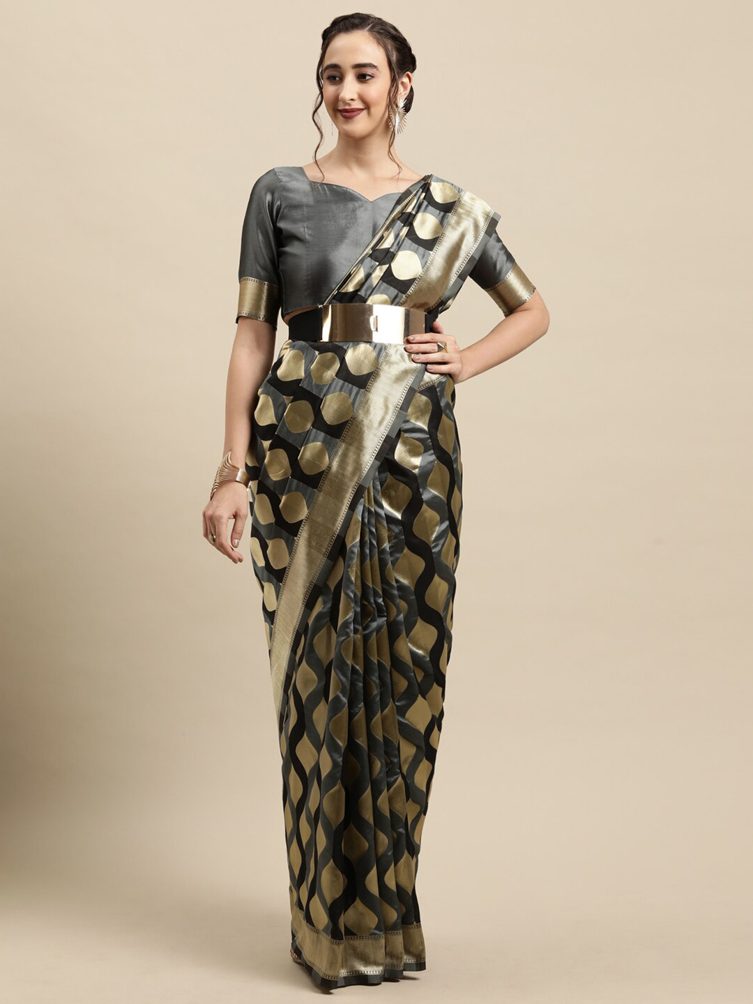 

Saree mall Grey & Gold-Toned Woven Design Banarasi Saree