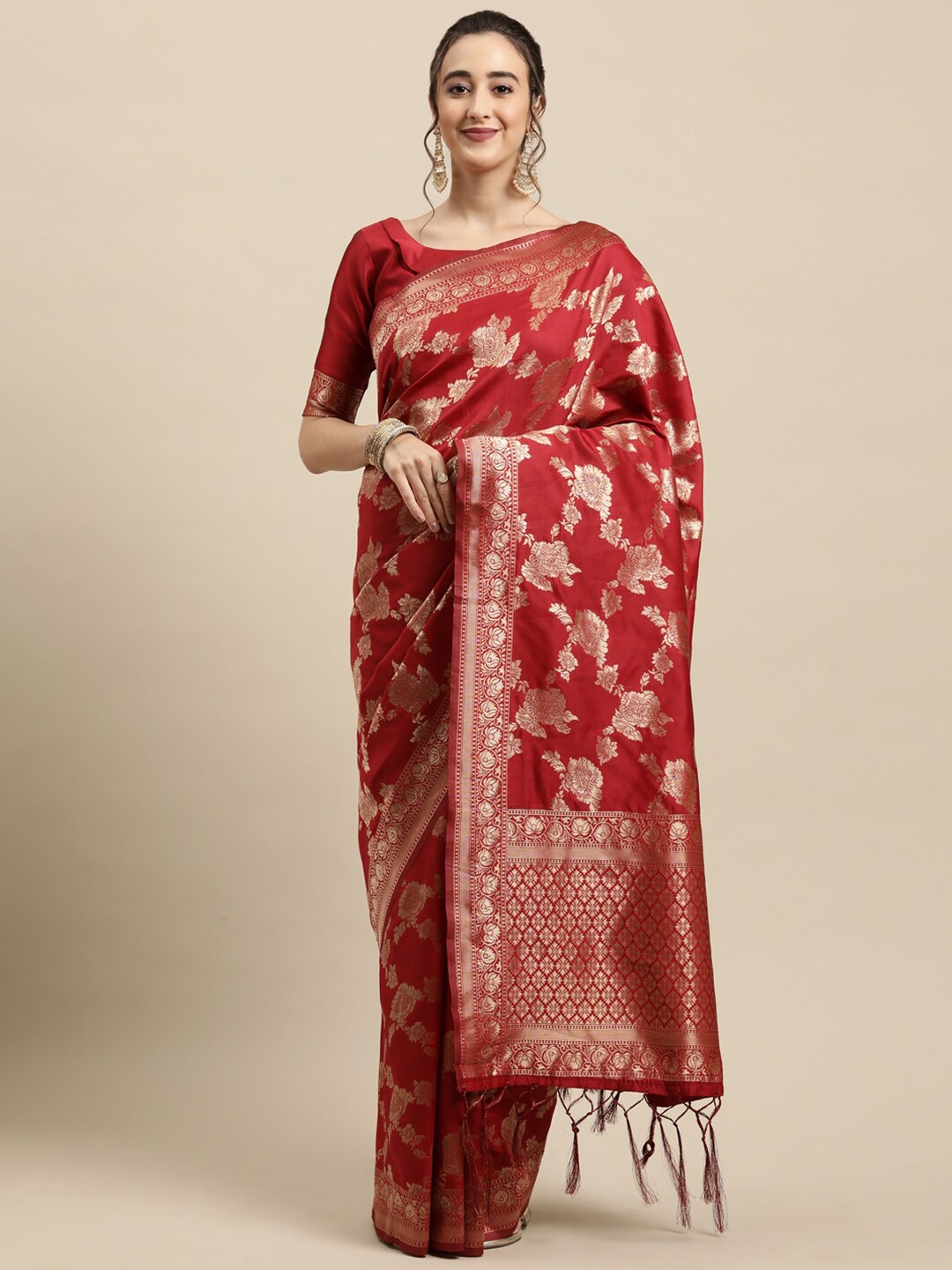 

Saree mall Red & Gold-Coloured Floral Woven Design Zari Silk Blend Banarasi Saree