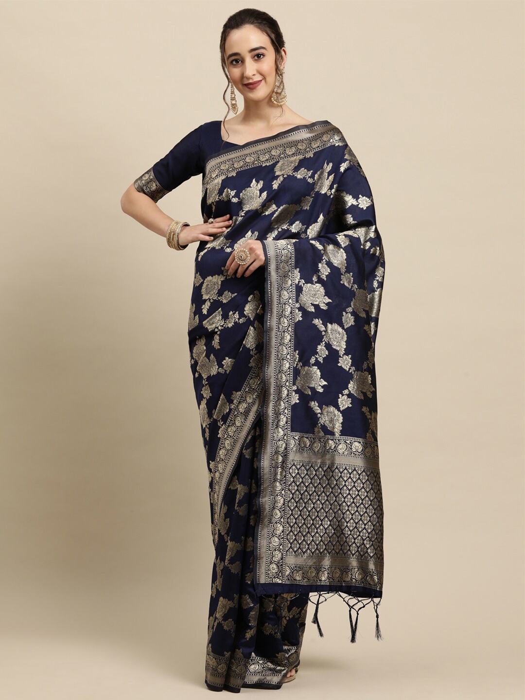 

Saree mall Navy Blue & Gold-Toned Ethnic Motifs Zari Silk Blend Banarasi Sarees