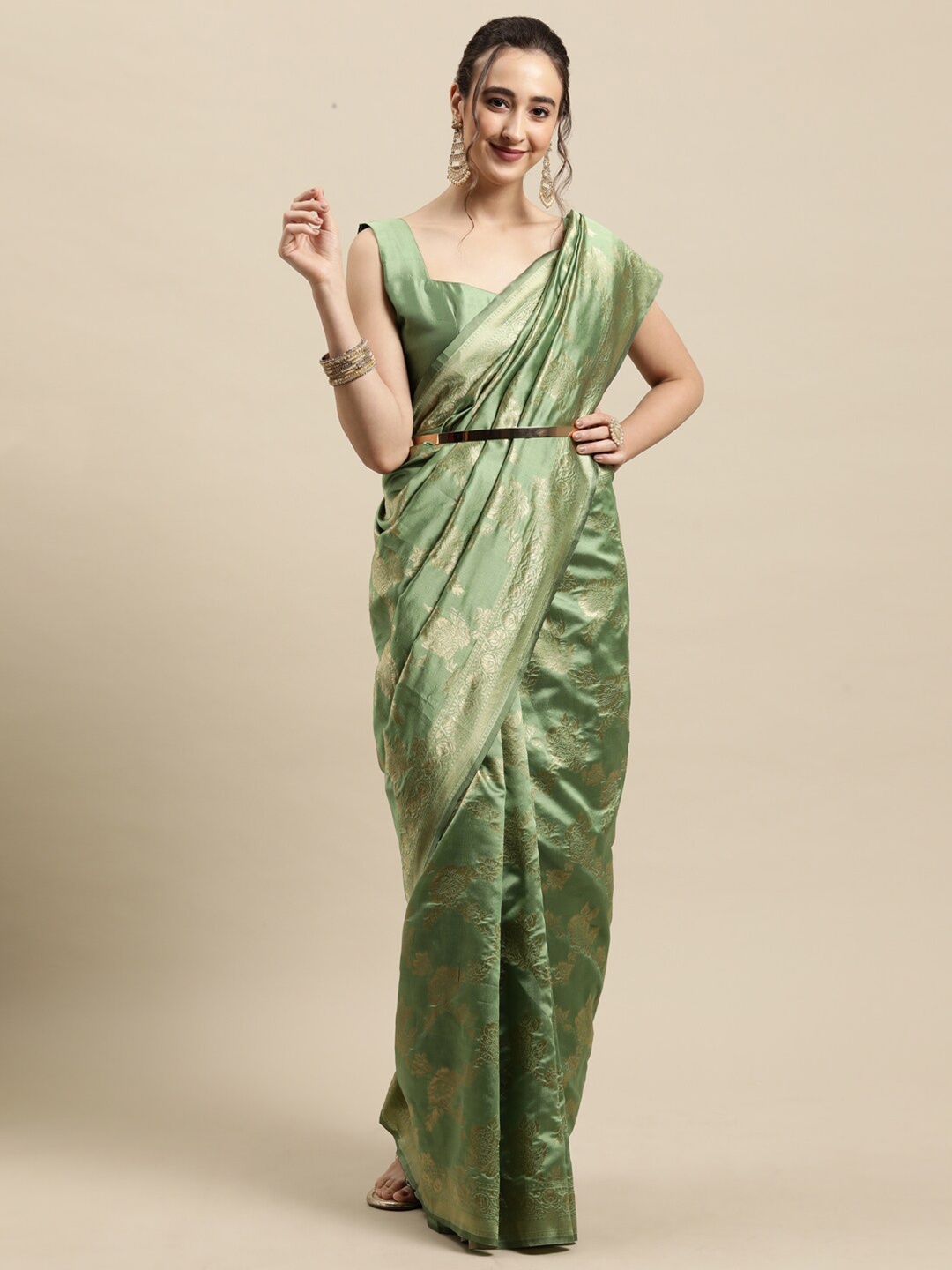 

Saree mall Olive & Gold-Toned Woven Design Banarasi Saree