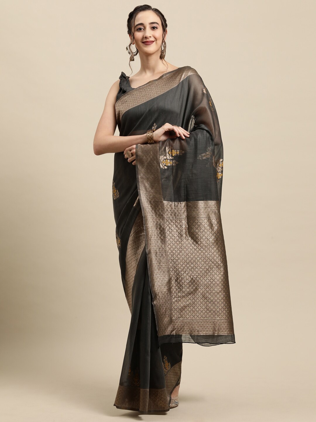 

Saree mall Grey & Gold-Toned Floral Zari Linen Blend Banarasi Sarees