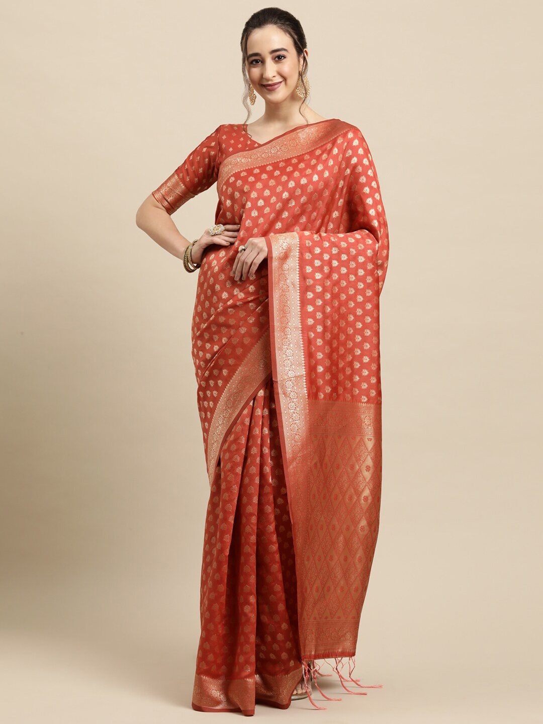 

Saree mall Orange & Gold-Toned Ethnic Motifs Zari Silk Blend Banarasi Sarees