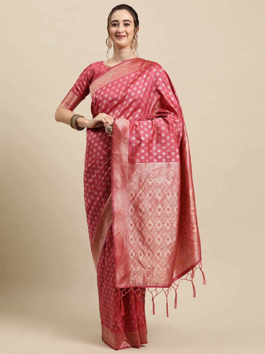 

Saree mall Pink & Gold-Toned Floral Zari Silk Blend Banarasi Sarees