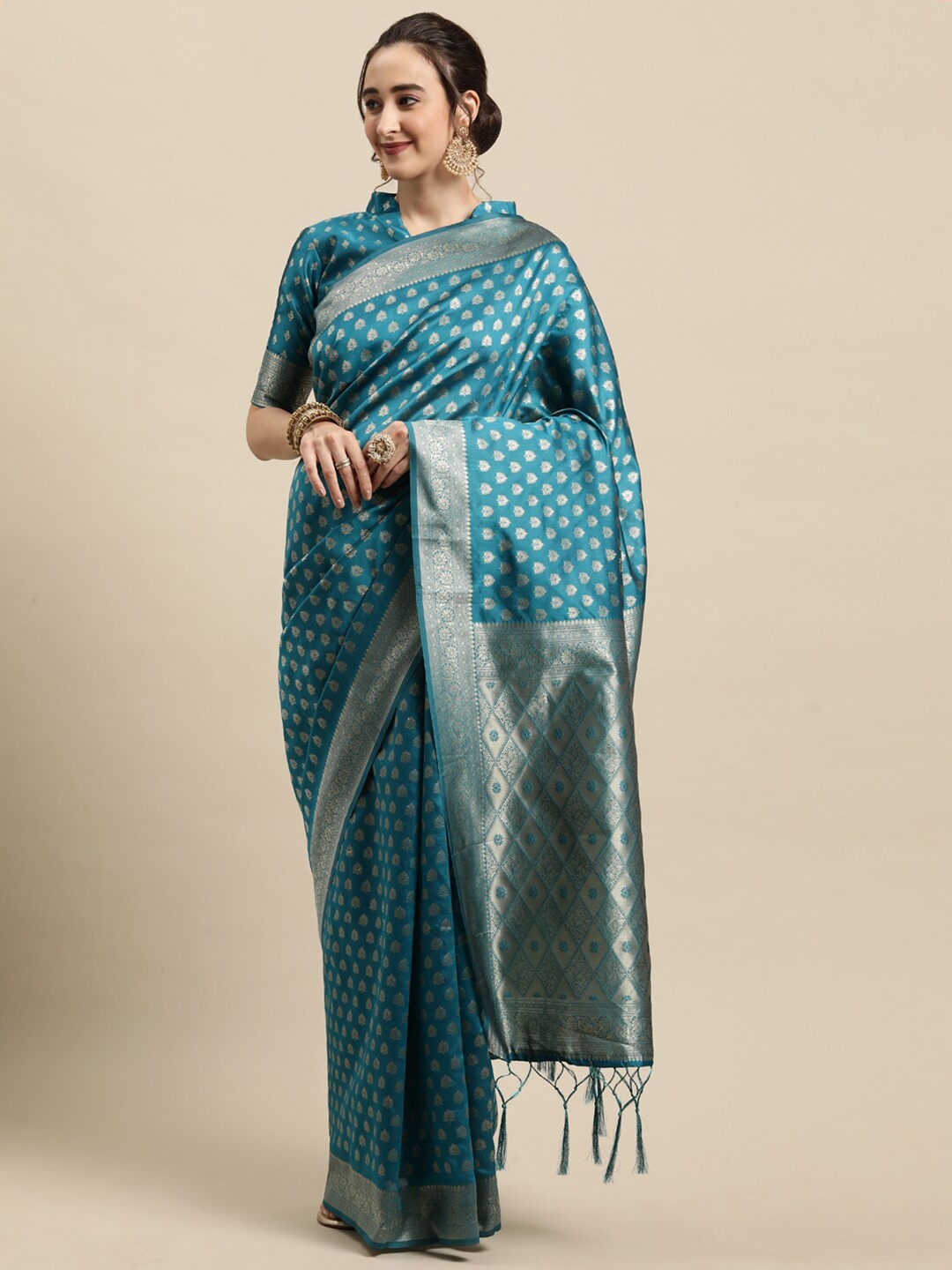 

Saree mall Blue & Gold-Toned Ethnic Motifs Silk Blend Banarasi Sarees