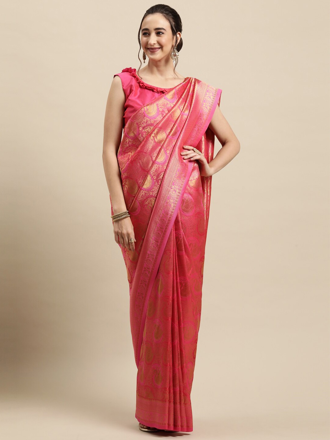 

Saree mall Pink & Gold-Toned Ethnic Motifs Silk Blend Banarasi Sarees