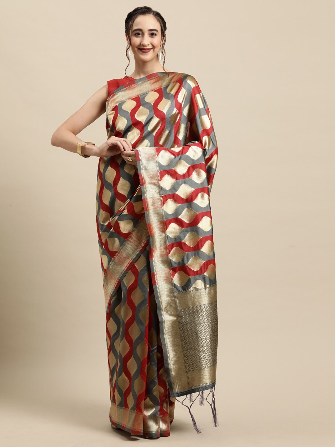 

Saree mall Grey & Red Woven Design Zari Silk Blend Banarasi Sarees