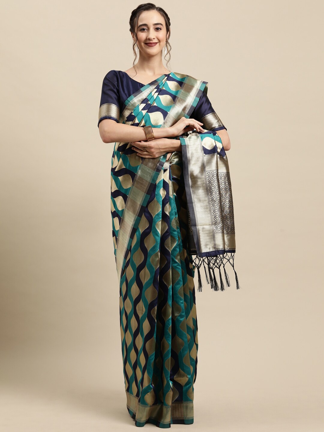 

Saree mall Teal & Navy Blue Ethnic Motifs Zari Silk Blend Banarasi Sarees