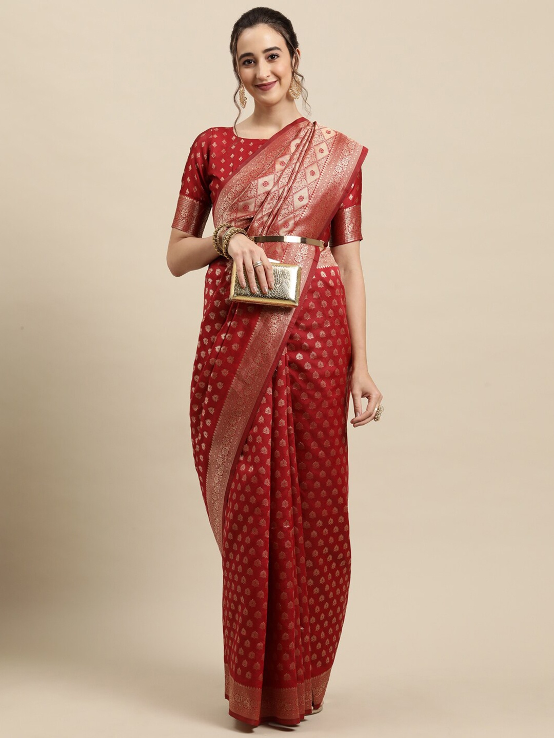 

Saree mall Red & Gold-Toned Woven Design Zari Silk Blend Banarasi Sarees