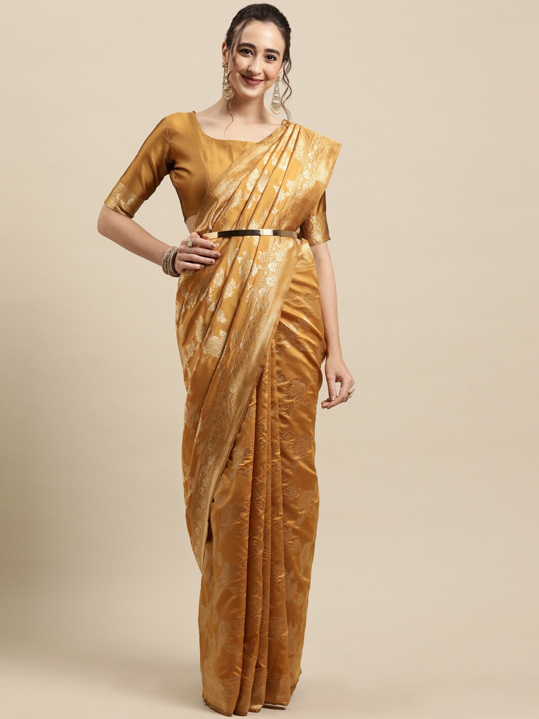 

Saree mall Mustard & Gold-Toned Ethnic Motifs Silk Blend Banarasi Sarees