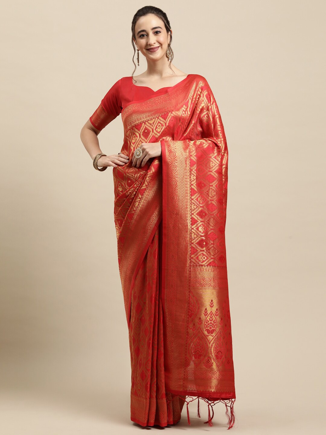 

Saree mall Red & Gold-Toned Ethnic Motifs Silk Blend Banarasi Sarees