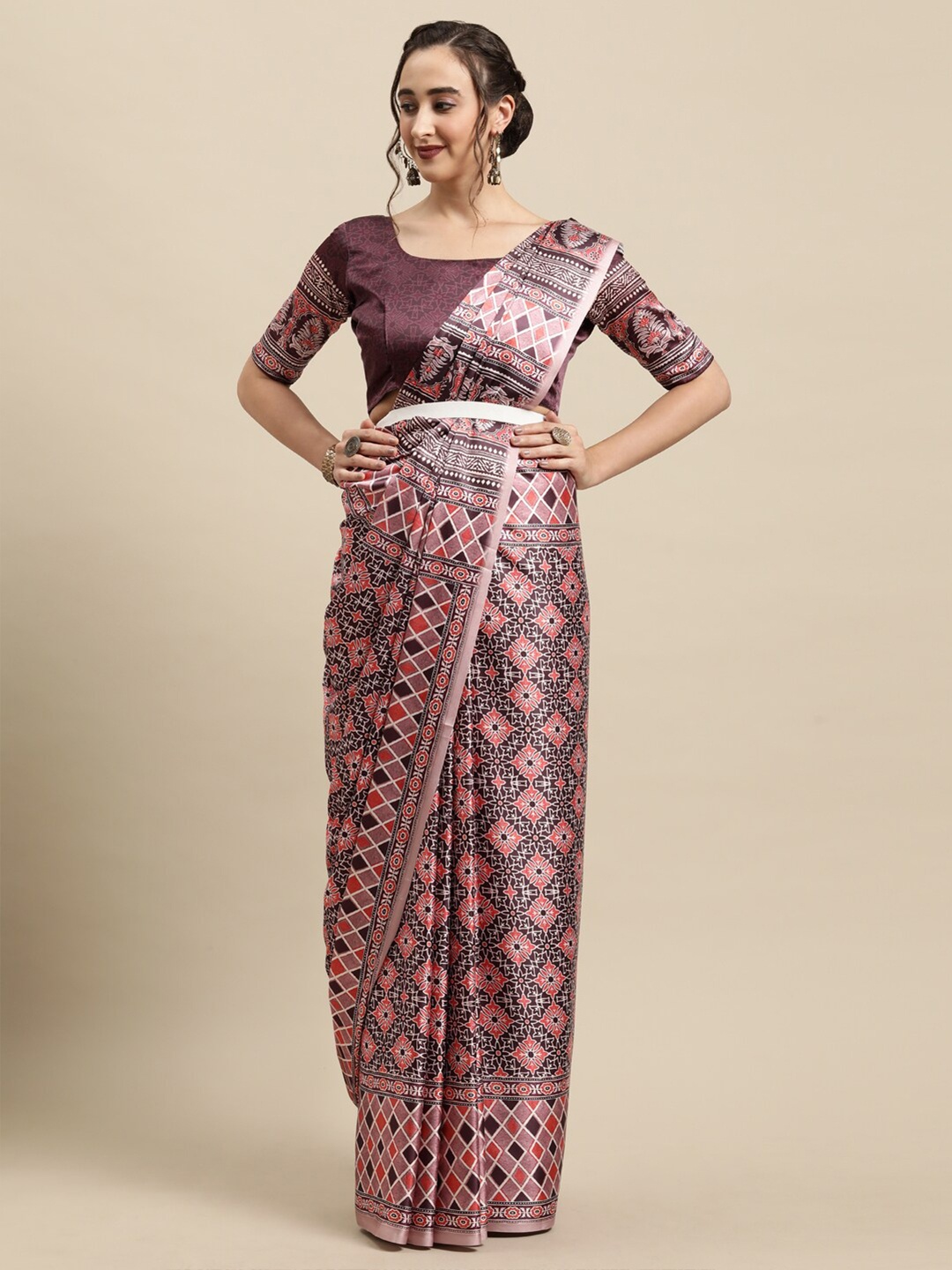 

Saree mall Mauve Ethnic Motifs Printed Poly Crepe Saree