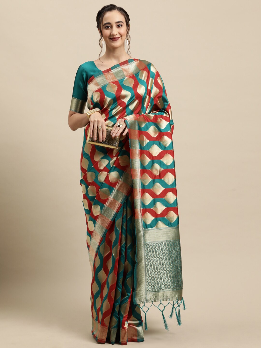 

Saree mall Teal & Red Ethnic Motifs Zari Silk Blend Banarasi Sarees