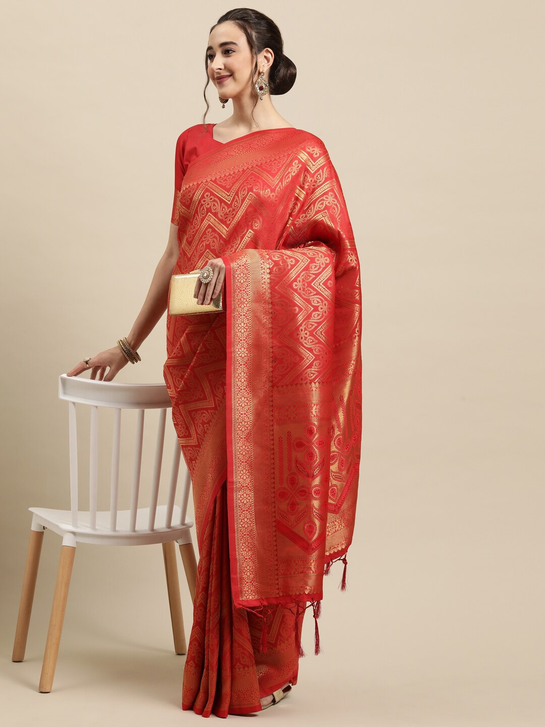 

Saree mall Red & Gold-Toned Ethnic Motifs Zari Silk Blend Banarasi Sarees