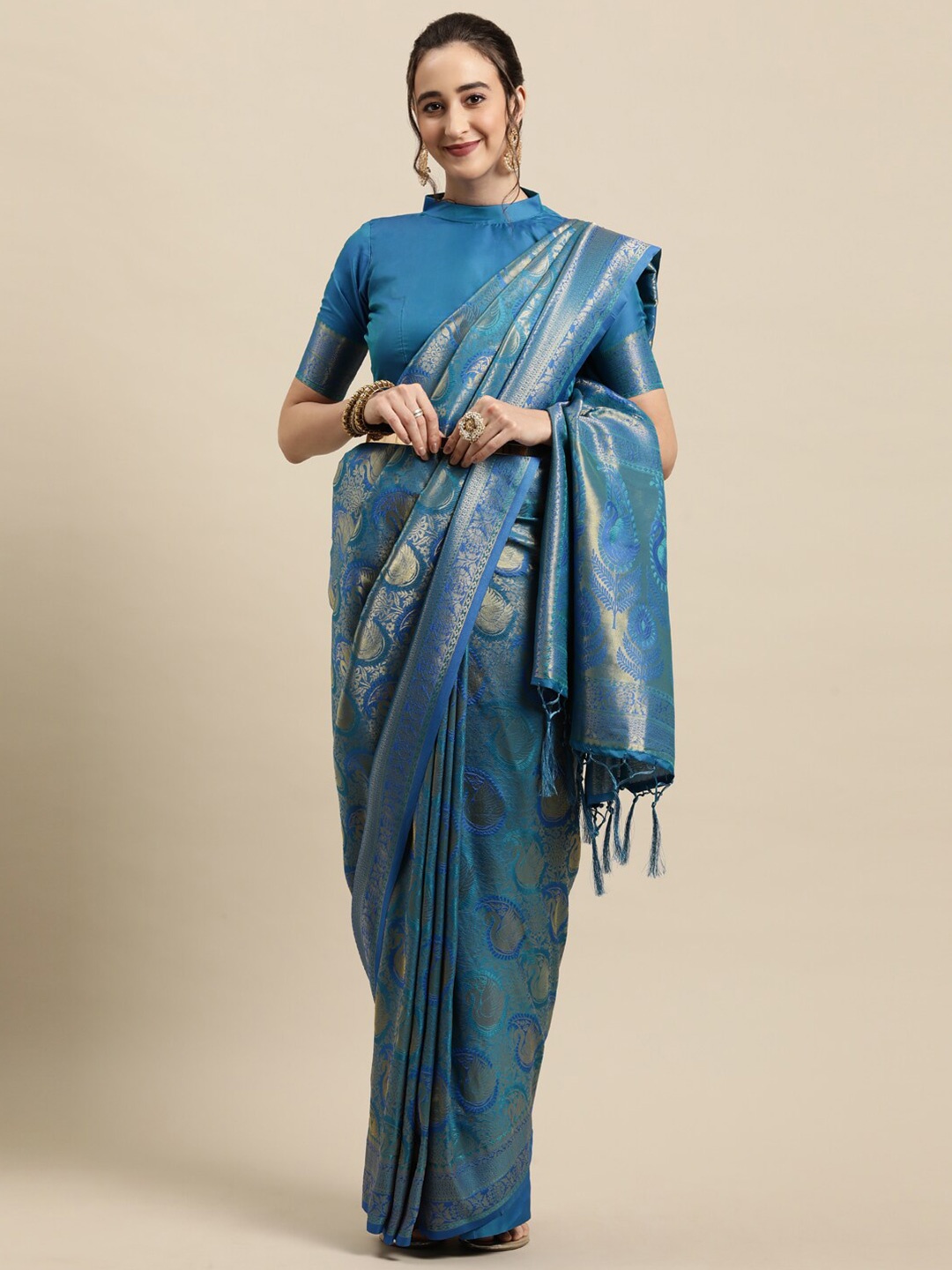 

Saree mall Teal & Gold-Toned Woven Design Zari Silk Blend Banarasi Sarees