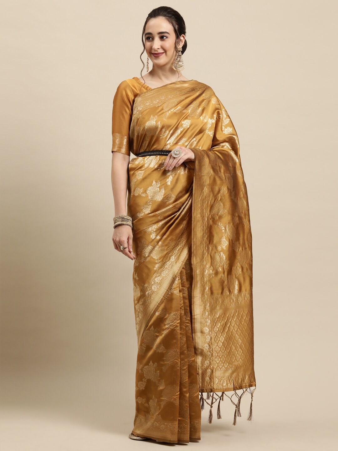 

Saree mall Mustard Yellow & Gold-Coloured Floral Zari Silk Blend Banarasi Sarees