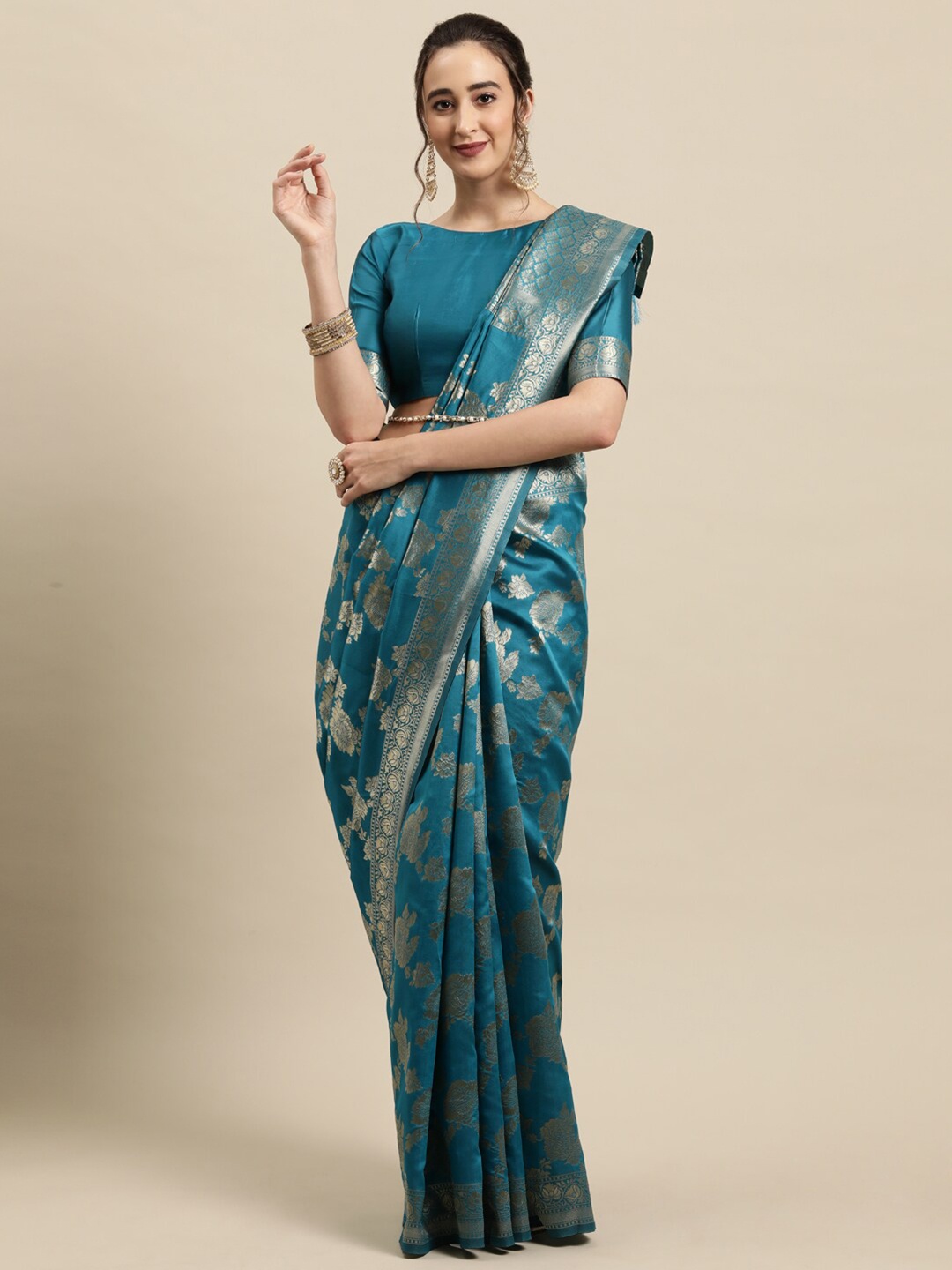 

Saree mall Blue & Gold-Toned Woven Design Banarasi Saree