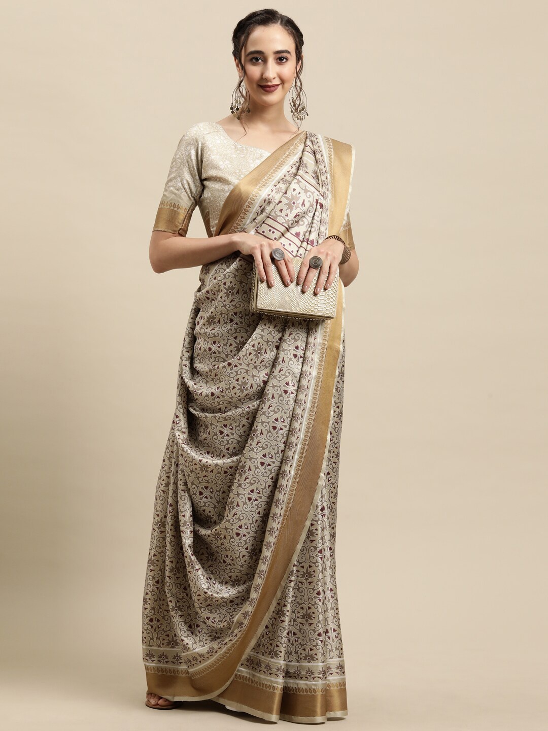 

Saree mall Cream-Coloured & Brown Ethnic Motifs Zari Silk Blend Sarees