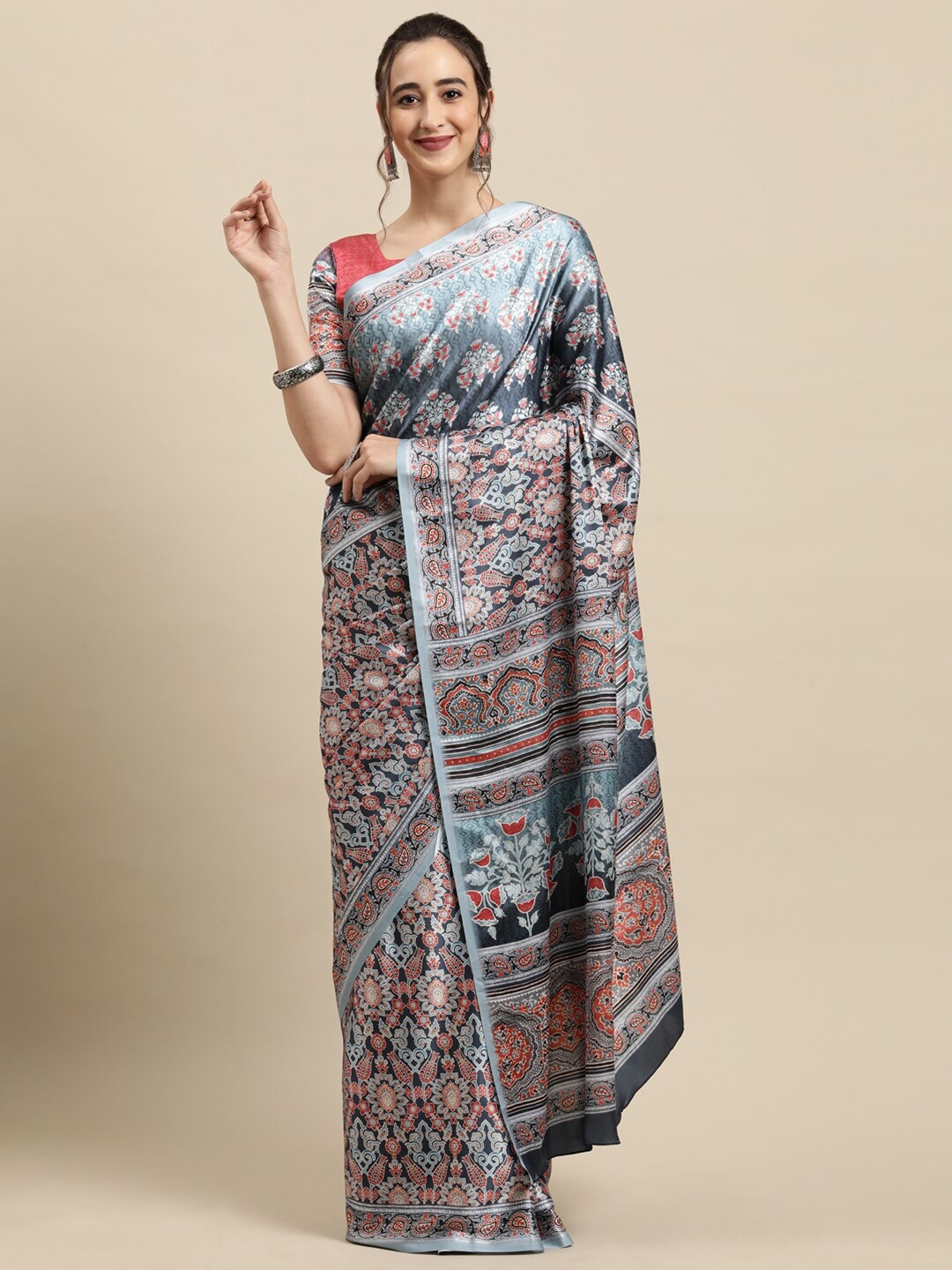 

Saree mall Grey & Red Ethnic Motifs Sarees