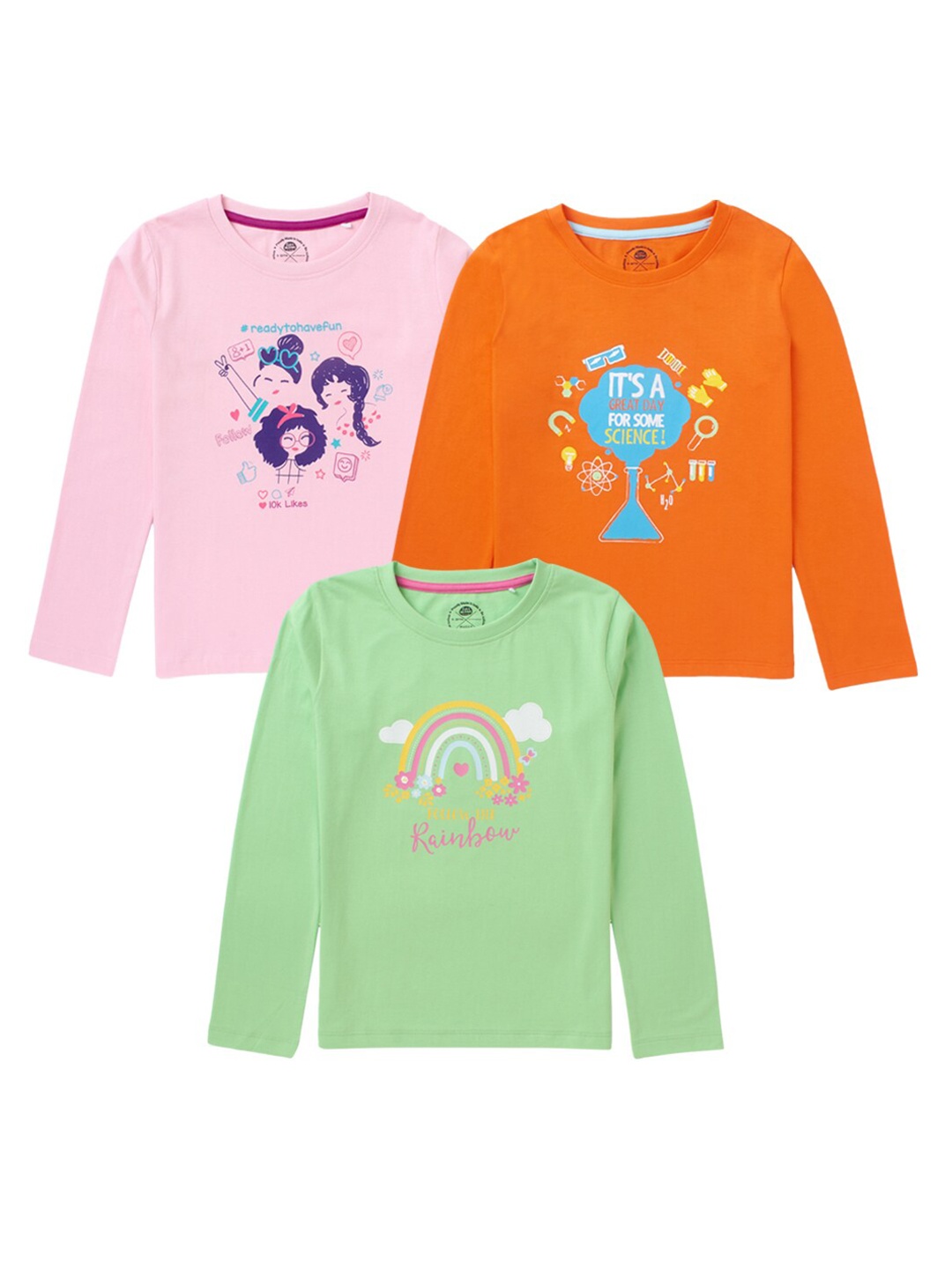 

Cub McPaws Girls Pink & Orange 3 Printed Cotton T-shirts
