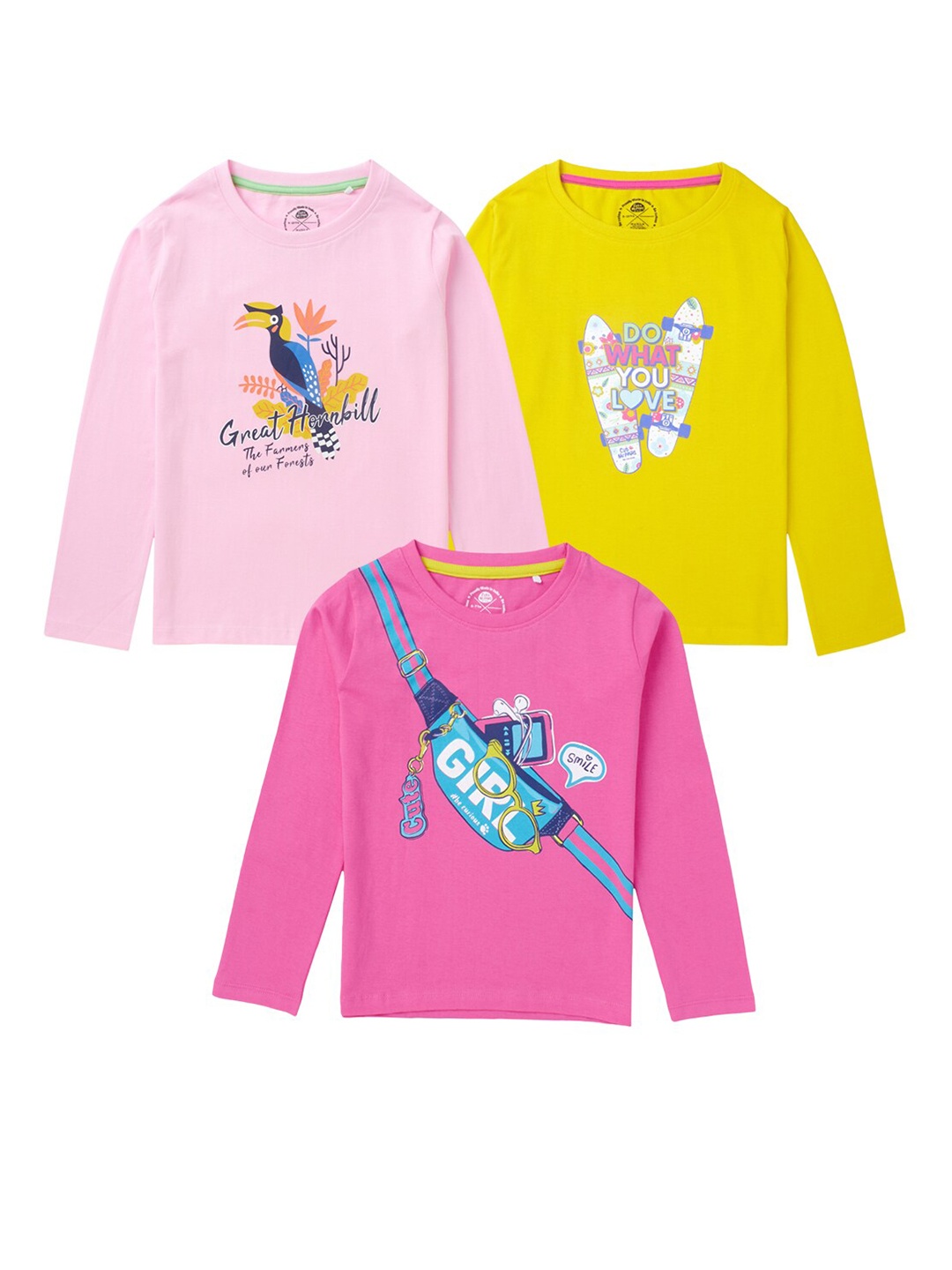 

Cub McPaws Girls Pink & Yellow 3 Printed T-shirts