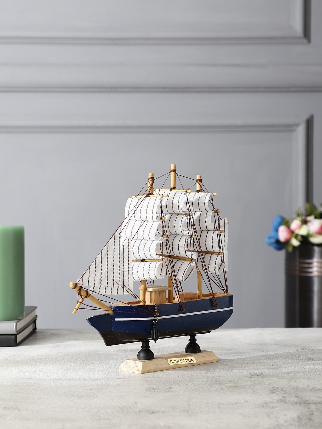 

EXIM DECOR Blue Wooden Fengshui Sailing Ship Showpiece