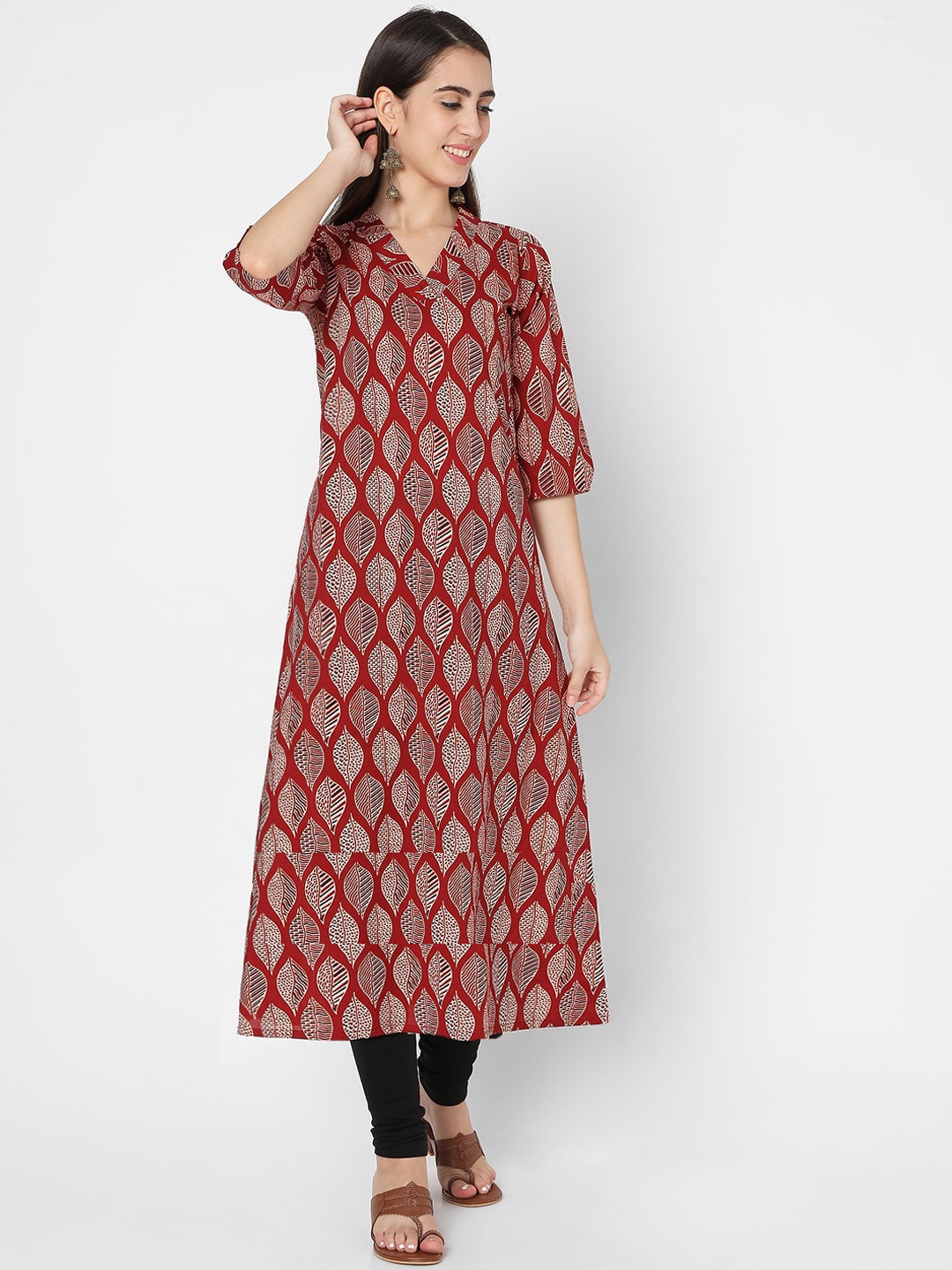

SALWAR STUDIO Women Red & Beige Floral Printed Pure Cotton Kurta