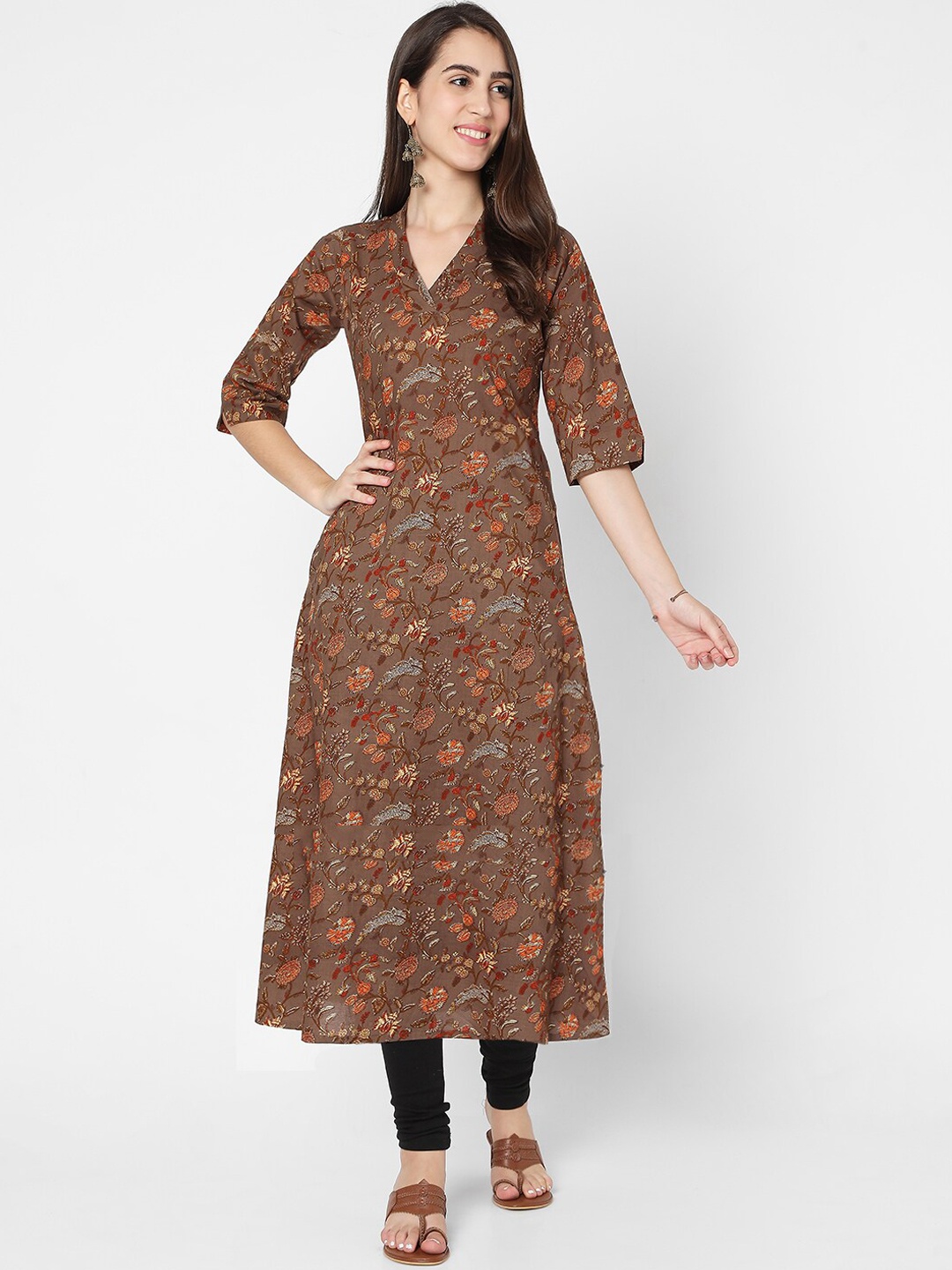 

SALWAR STUDIO Women Brown Floral Printed Cotton Anarkali Kurta