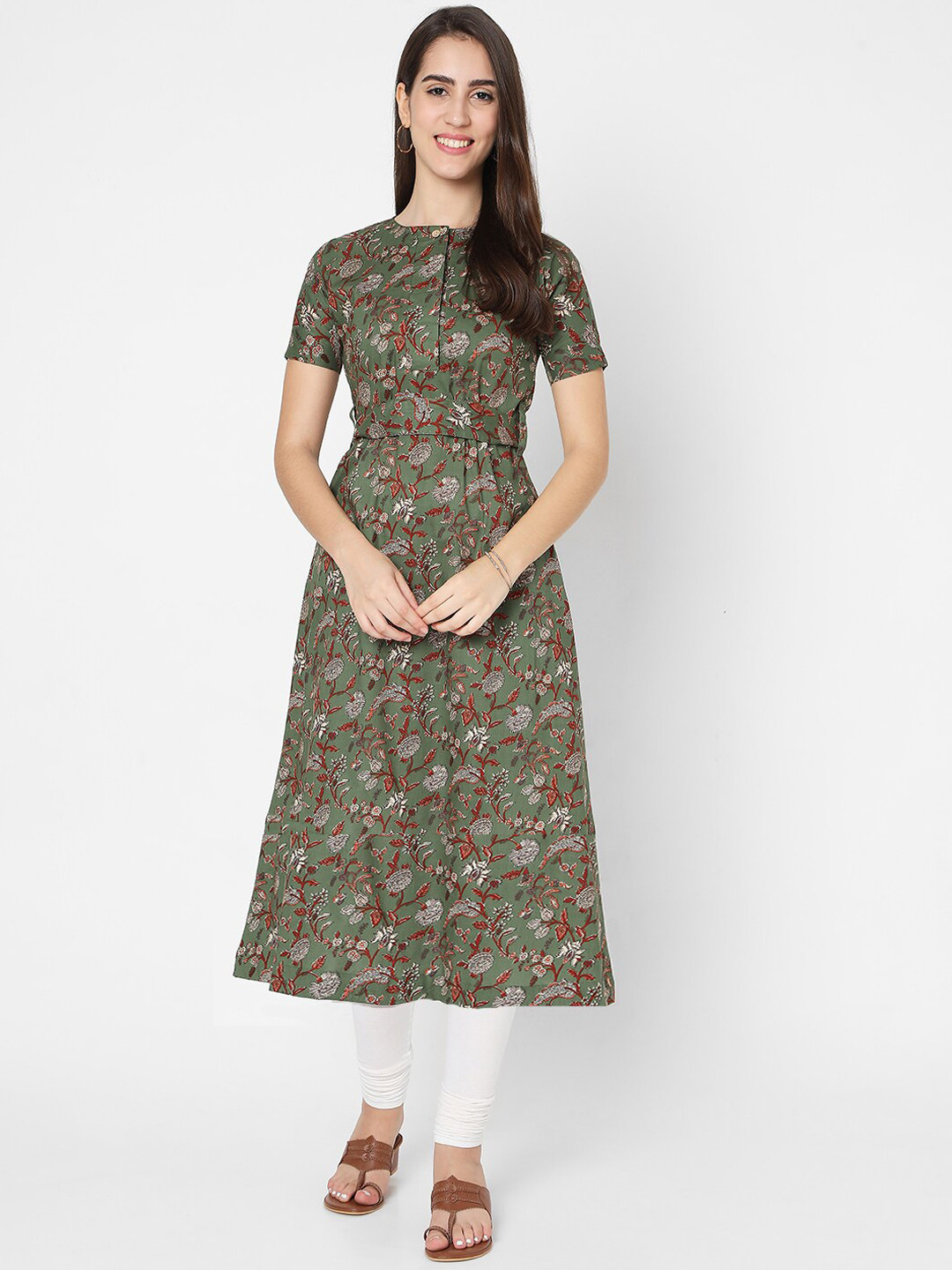 

SALWAR STUDIO Women Green & Grey Floral Printed Cotton A-Line Kurta