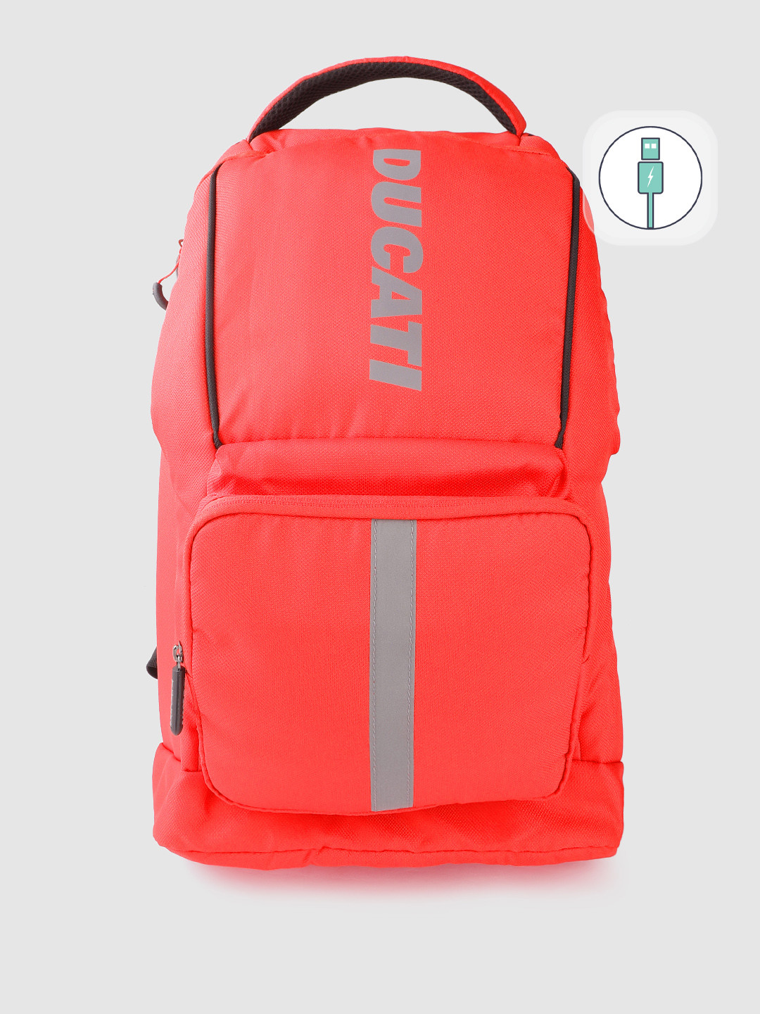 

Ducati Unisex Red & Grey Brand Logo Backpack with USB Charging Port & Reflective Stripe