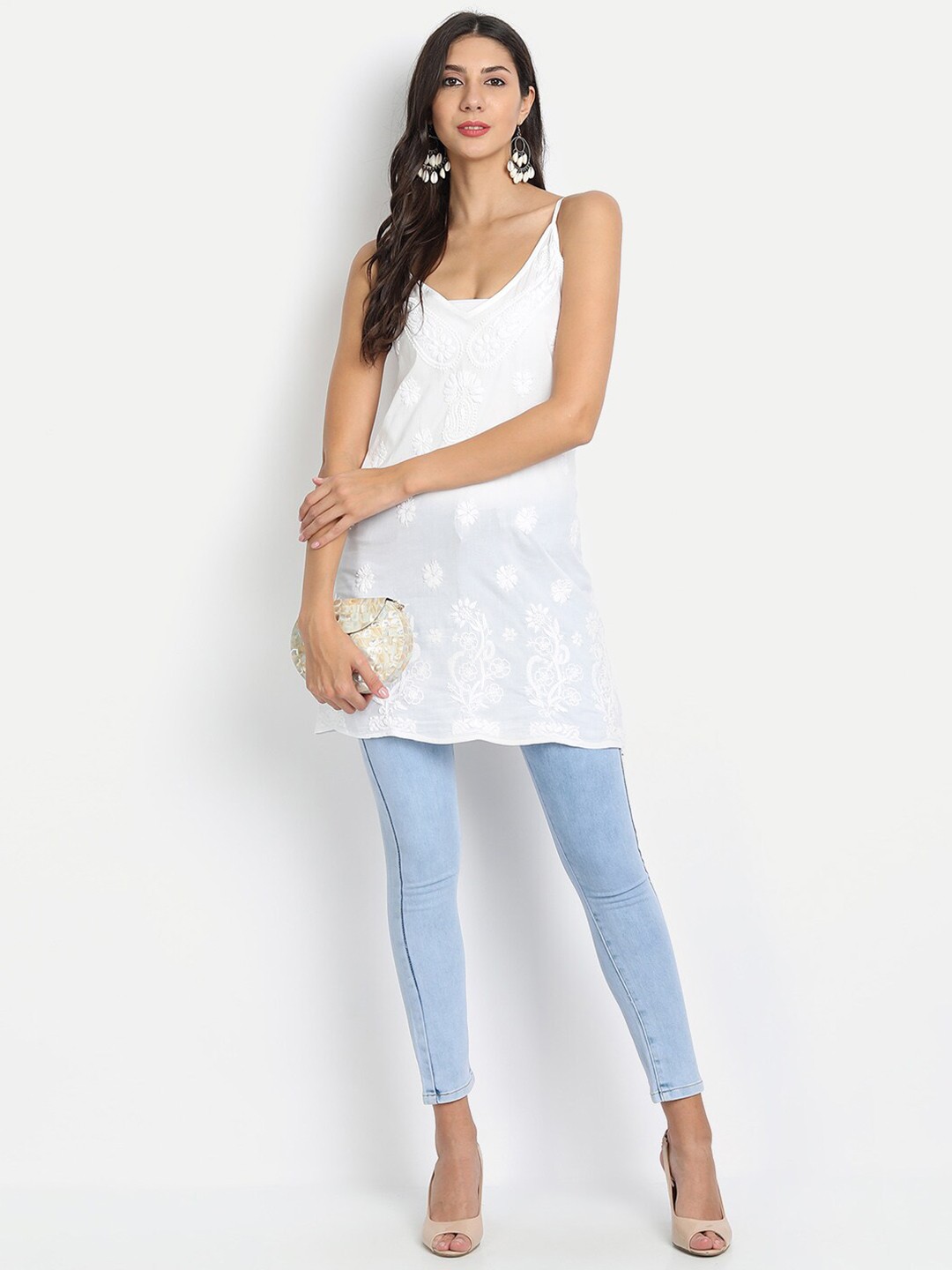 

HOUSE OF KARI White Floral Embroidered A-Line Dress
