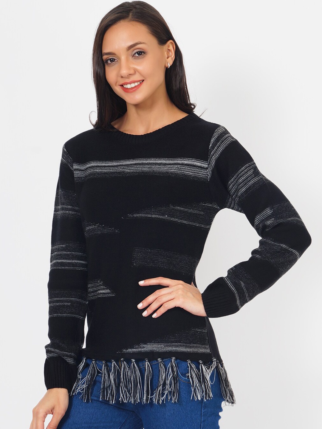 

JoE Hazel Women Black & White Striped Acrylic Pullover