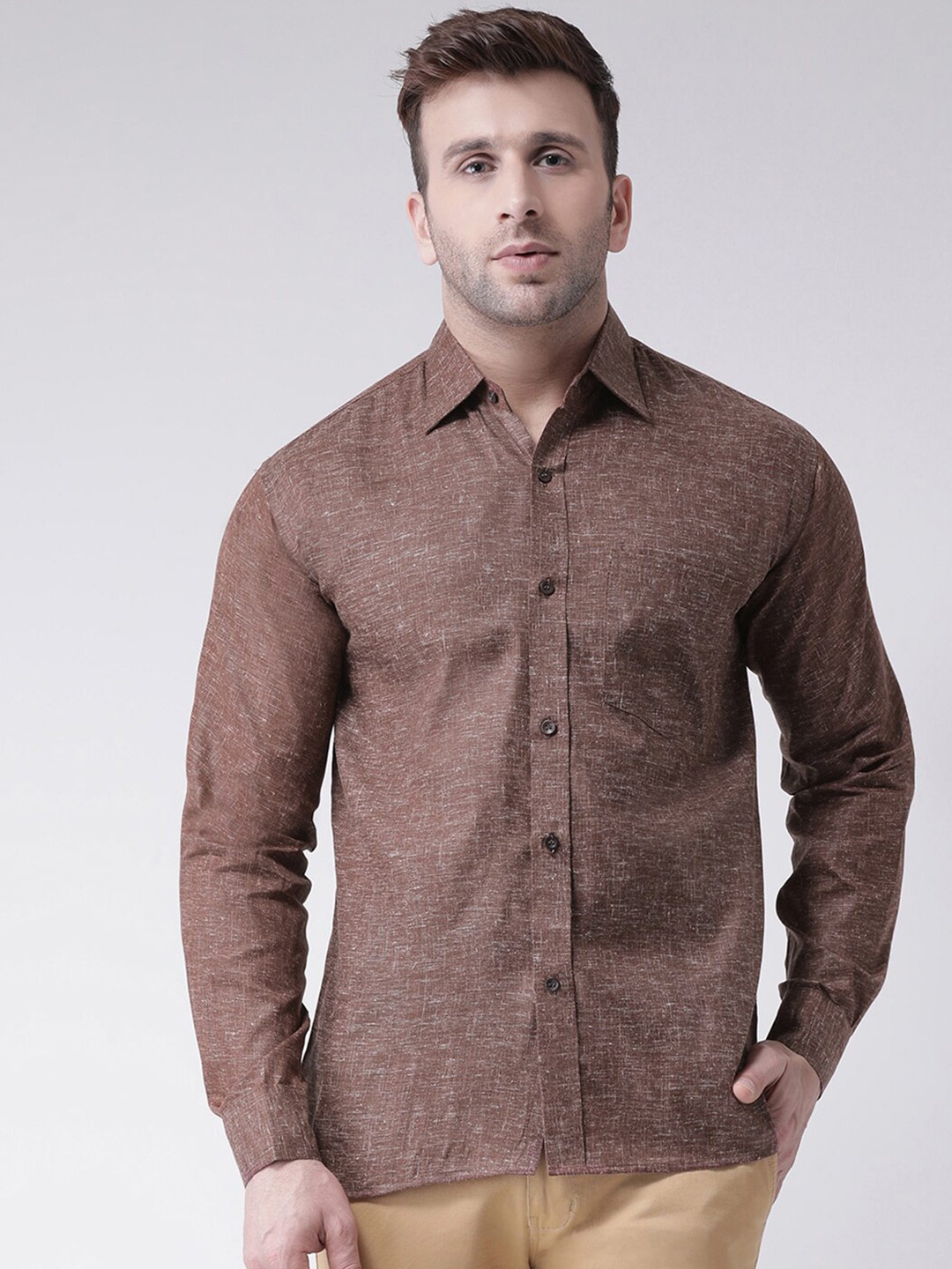

KHADIO Men Brown Regular Fit Solid Casual Cotton Shirt