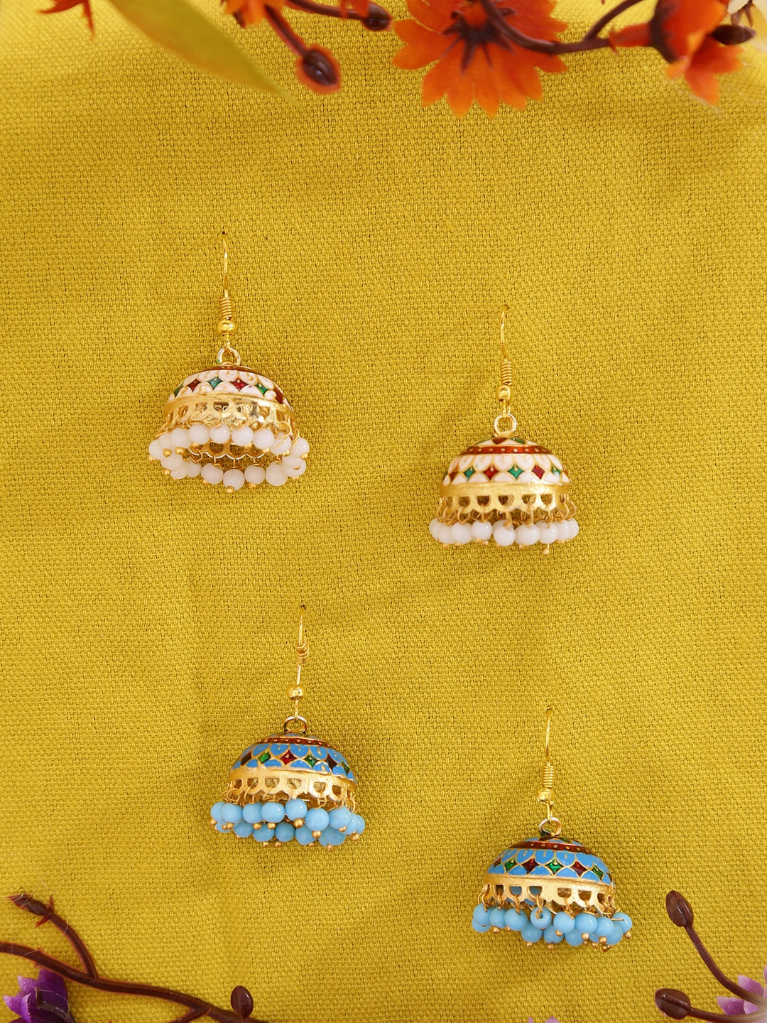 

Yellow Chimes Set of 2 White and Blue Meenakari Jhumka Earrings, Gold