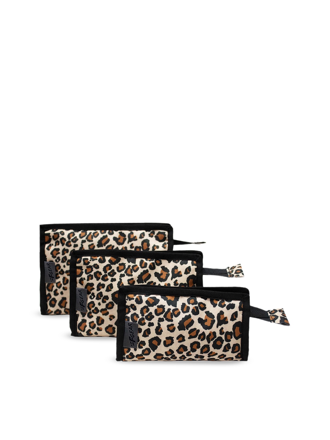 

F Gear Set Of 3 Beige & Black Printed Pouch