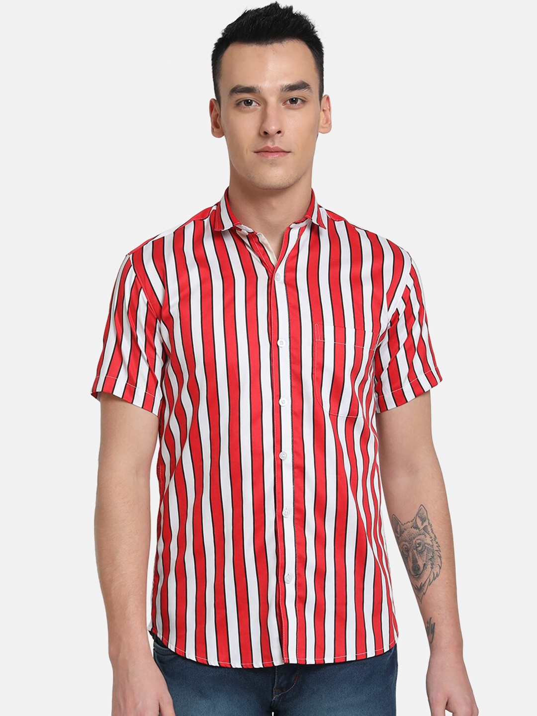 

Emerals Men Red Slim Fit Striped Casual Shirt