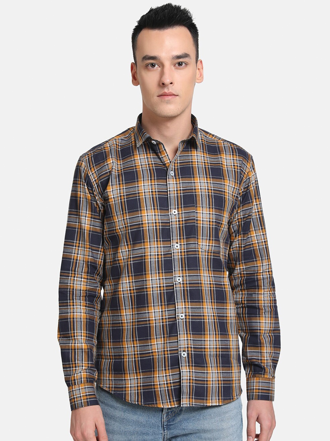 

Emerals Men Mustard Slim Fit Tartan Checks Checked Casual Shirt