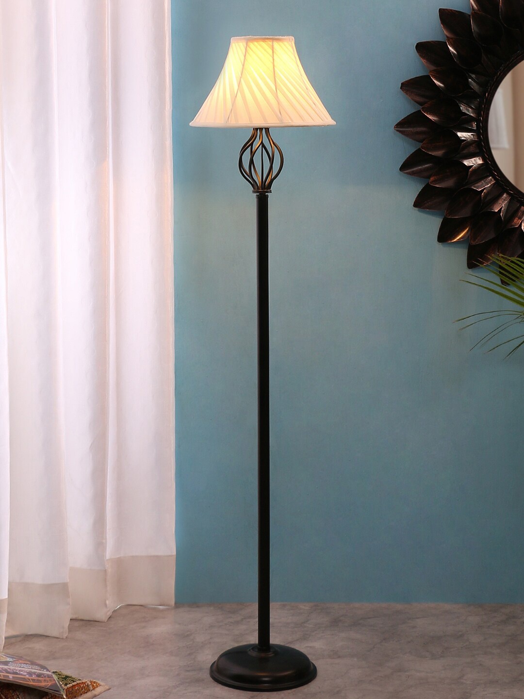 

Devansh Off White Cross Pleated Basket Stick Pipe Wrought Iron Floor Lamp