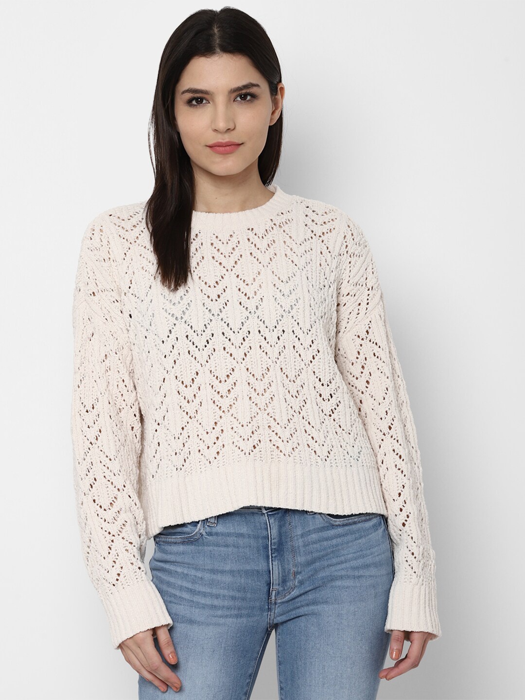 

AMERICAN EAGLE OUTFITTERS Women Open Knit Beige Pullover Sweater