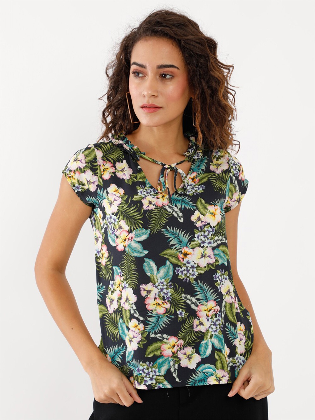 

Zink London Black & Multicoloured Floral Print Tie-Up Neck Blouson Top