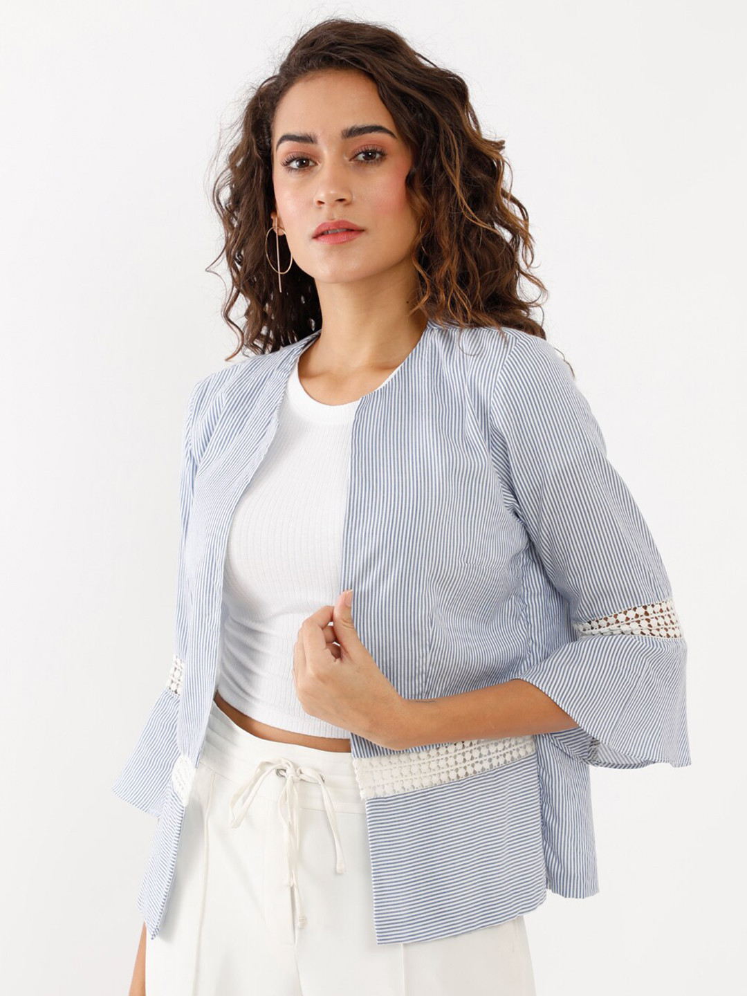 

Zink London Women Blue & White Striped Shrug