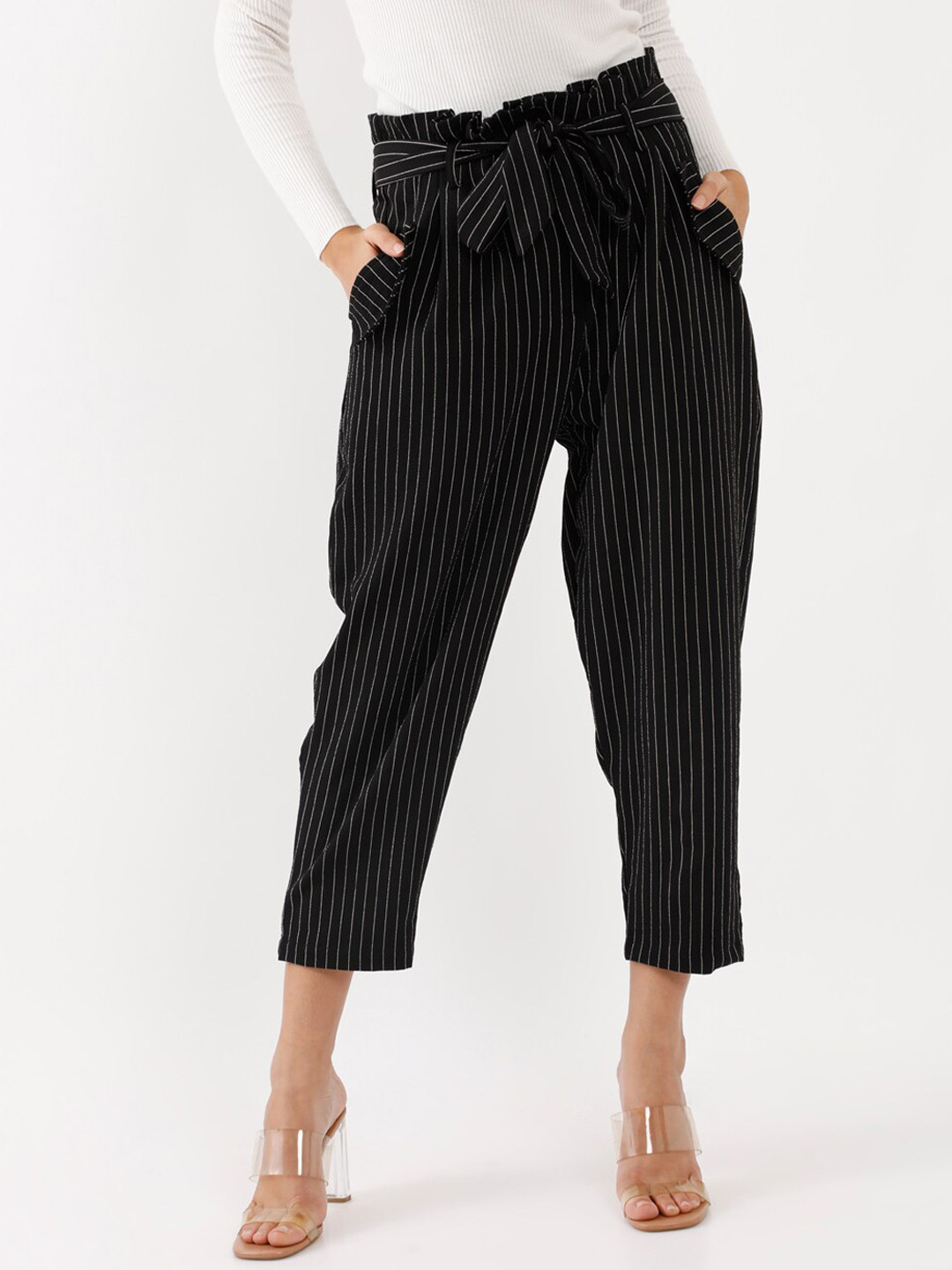 

Zink London Women Black Striped High-Rise Peg Trousers