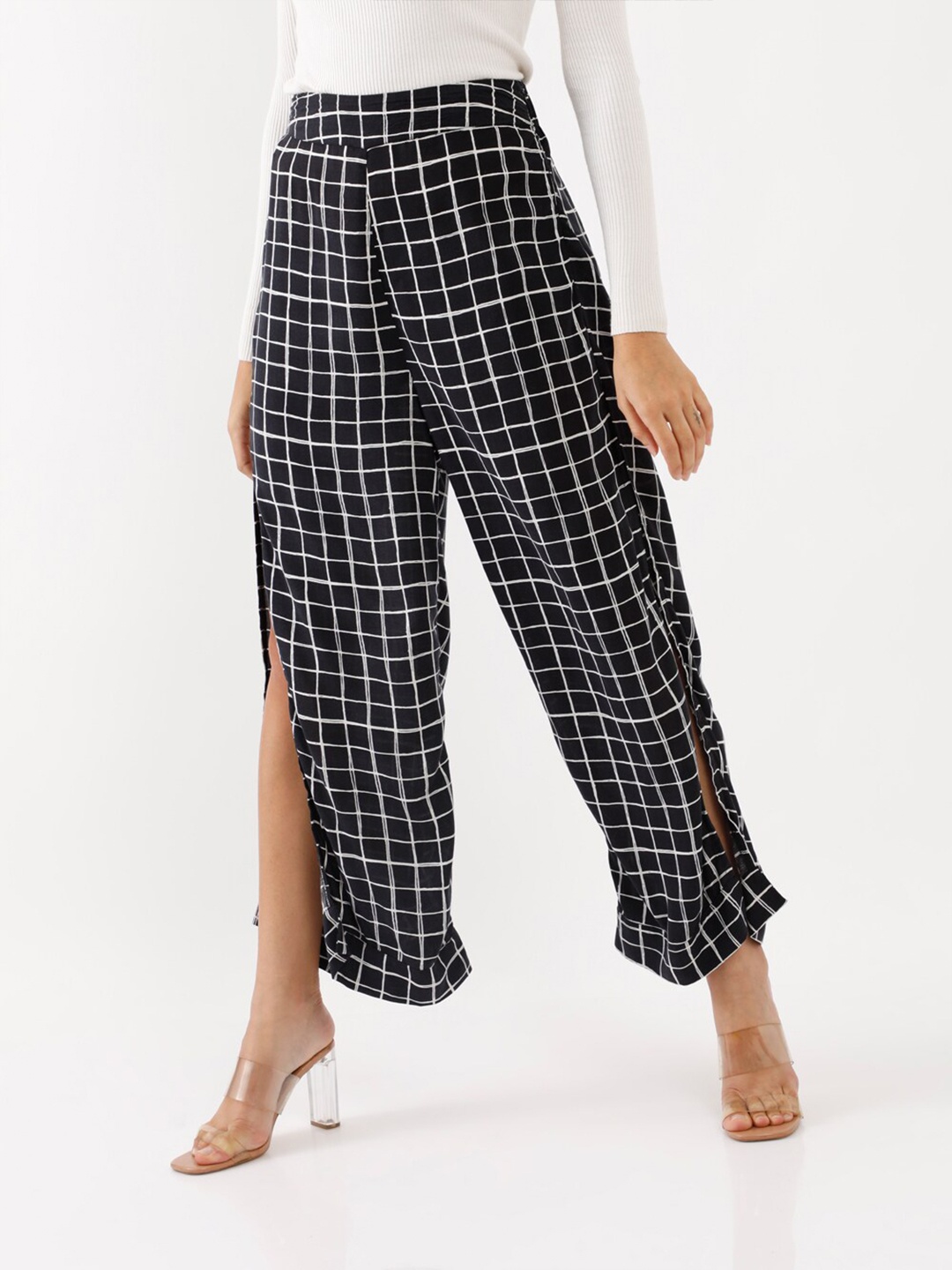 

Zink London Women Black & White Checked Palazzo with Slits