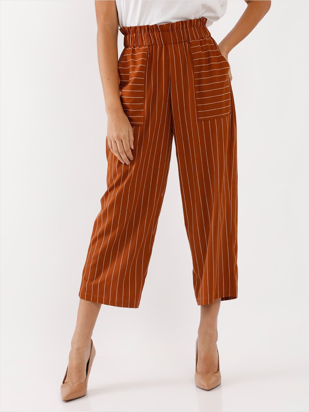 

Zink London Women Rust & White Striped Cropped Palazzos