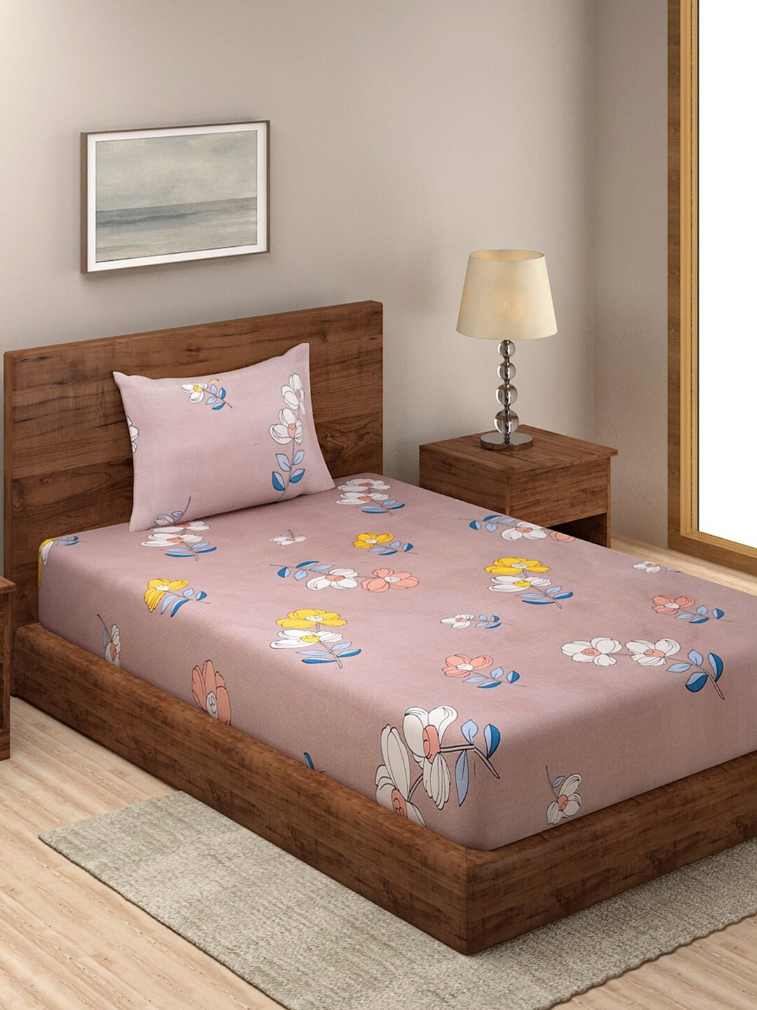 

TAG 7 Pink & Yellow Floral 210 TC Single Bedsheet with 1 Pillow Covers