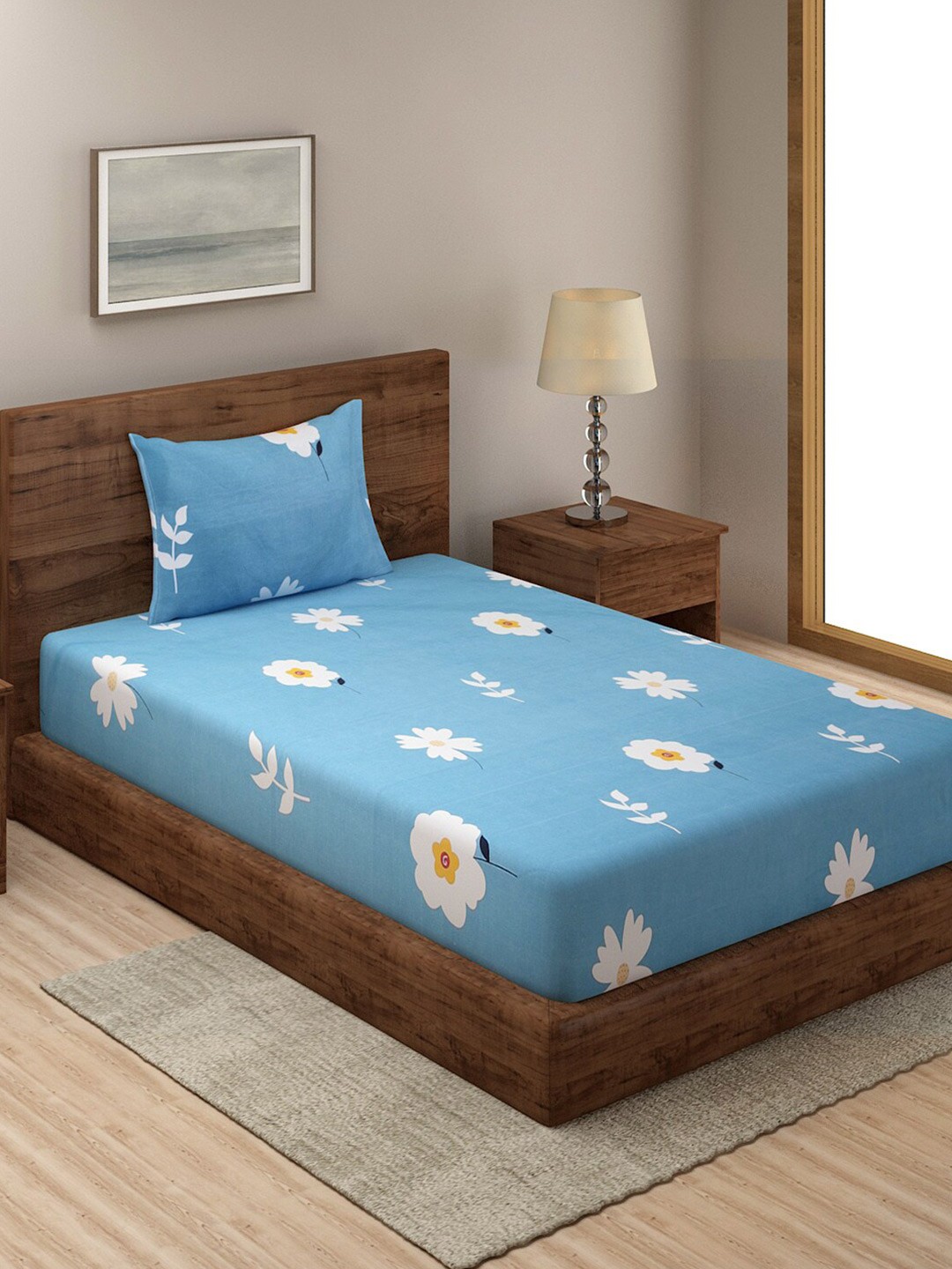 

TAG 7 Blue & White Floral 210 TC Single Bedsheet with 1 Pillow Covers